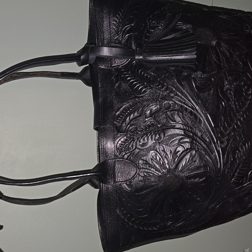 Elegant Black Embossed Leather Tote Bag H 10in× L 17in ×W 6in